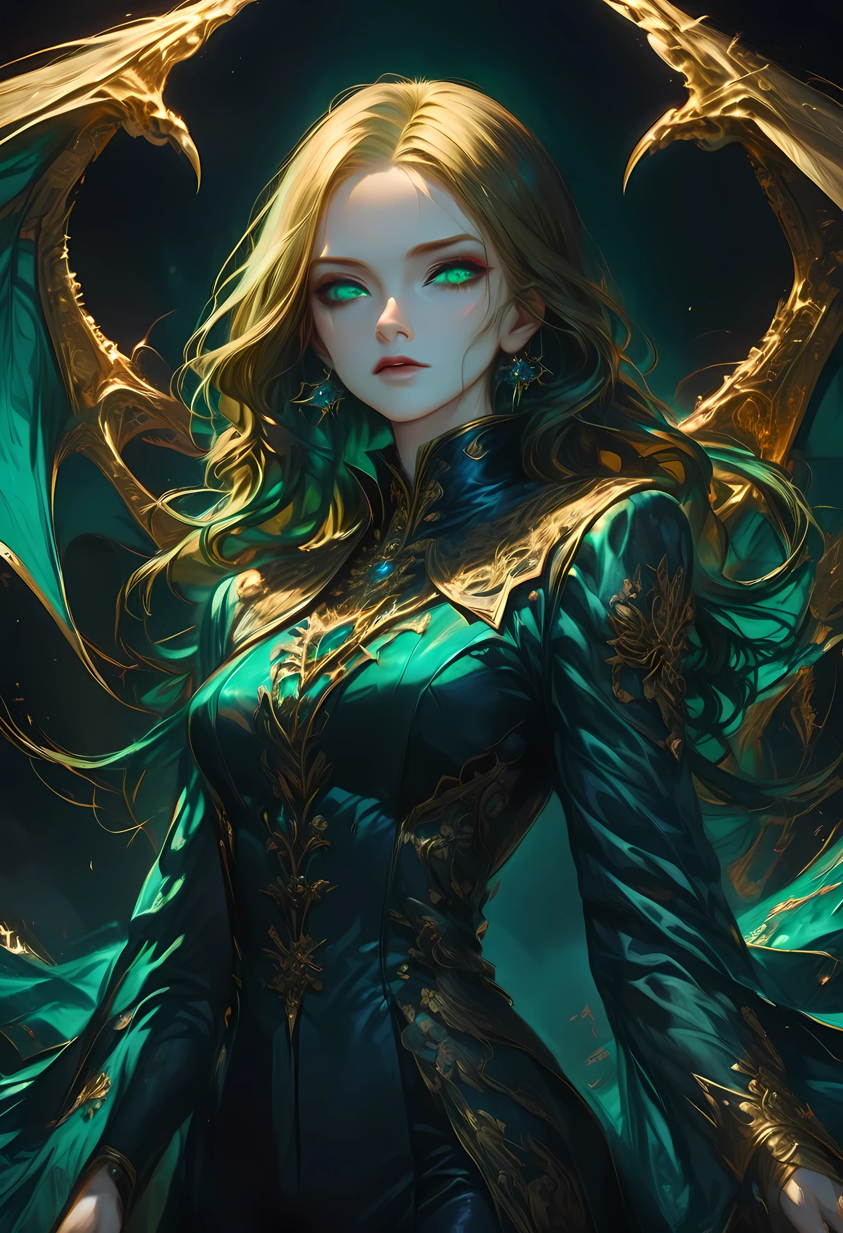 score_9, score_8_up, score_7_up, score_6_up, score_5_up, score_4_up, Arafed, a portrait of an vampire woman, full body shot, exotic beauty, long hair, gold hair, (emerald green eyes), dark red lips, glamour shot, she wears an (blue: 1.3) elegant suit, gold rose, high heel boots, full body shot, 16k, ultra detailed, masterpiece, best quality, (extremely detailed), arafed, dnd art Cinematic Shot