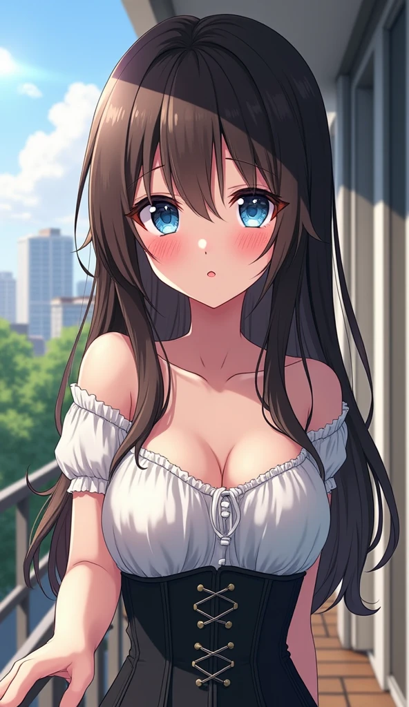 masterpiece, Highest quality, One Girl, Thighs, beautiful girl, Flowers, たくさんの小さなflower, flower、Tight waist, RAWphotograph,Bright lighting、Face Light, Ultra-realistic, High resolution, photograph, Sharp focus, Highly detailed eyes and face,Symmetrical face, whole body、Big Breasts、Long Hair、チラリと見えるThighs、Emphasized cleavage、Her hair was tied with a big red ribbon.....、White high heels、White knit、Embarrassing、smile、High Jump