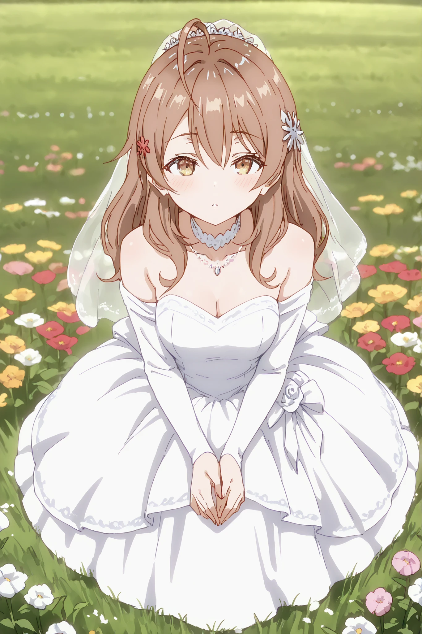 Masterpiece, best quality, absurd, asthetic,Maria Mikhailovna Kujou, Brown hair, long hair, brown eyes, hair hair ornament, ahoge, medium shot, wearing wedding dress,in field full of flowers