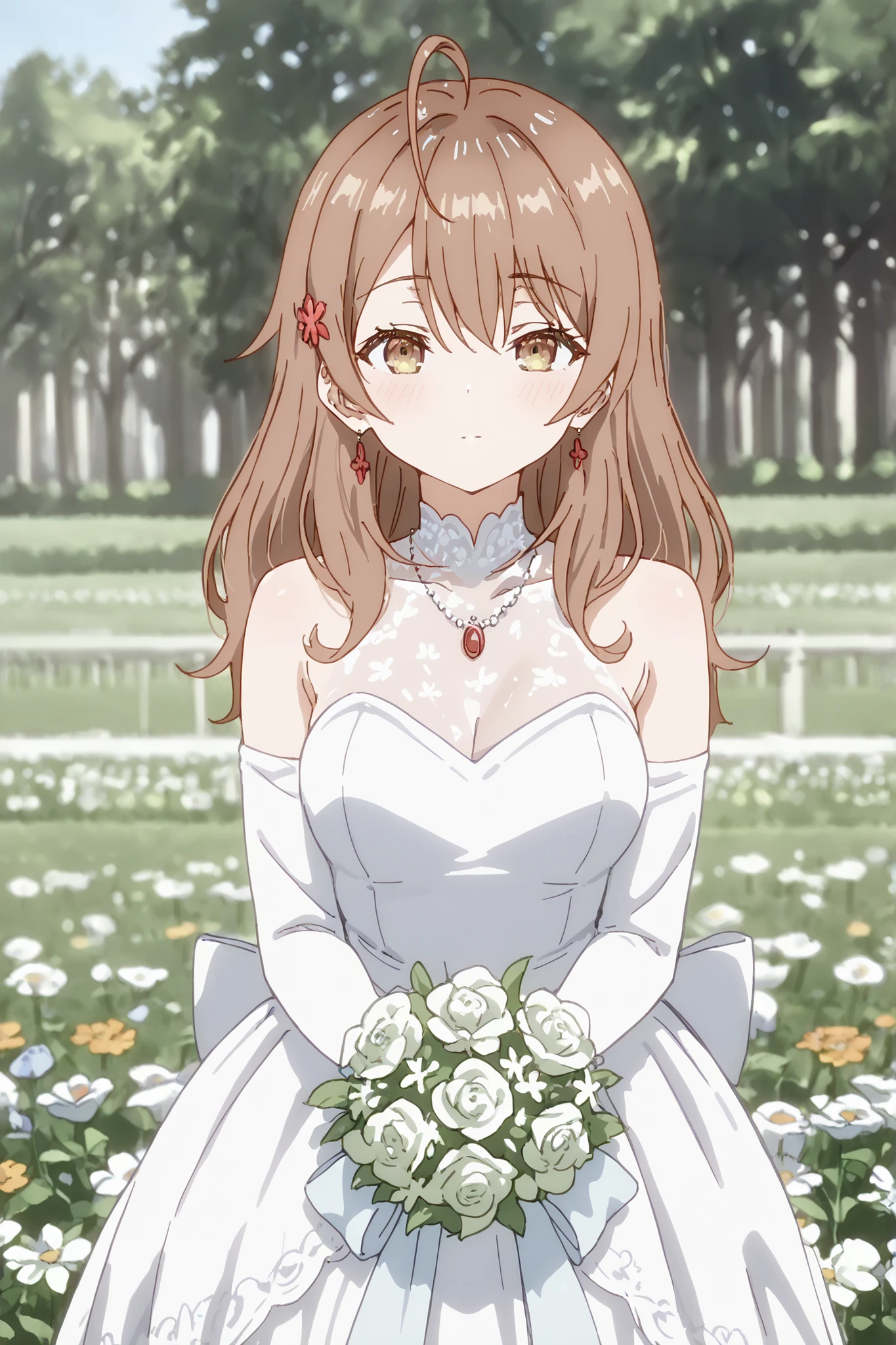 Masterpiece, best quality, absurd, asthetic,Maria Mikhailovna Kujou, Brown hair, long hair, brown eyes, hair hair ornament, ahoge, medium shot, wearing wedding dress,in field full of flowers