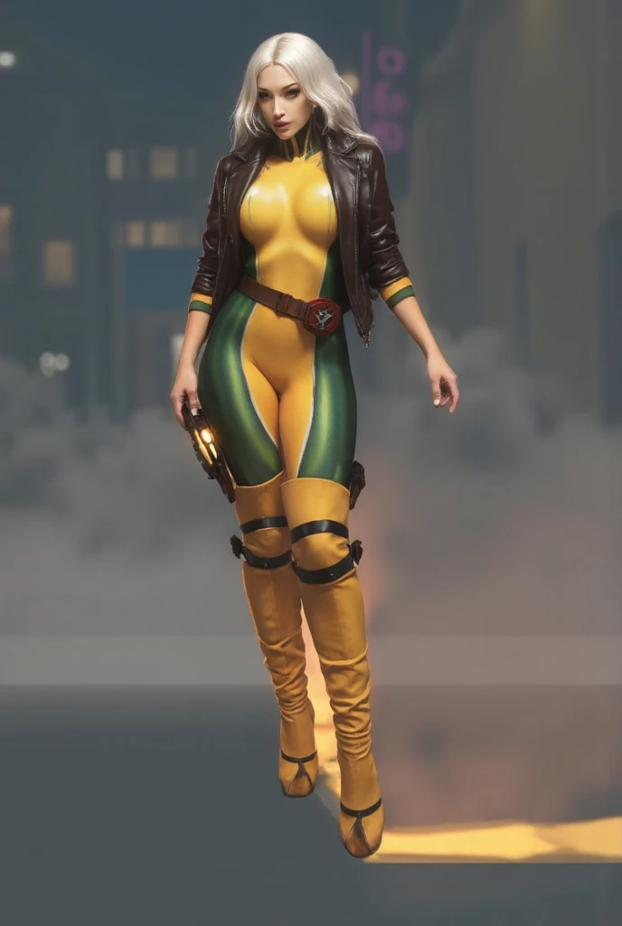(32K, Best quality, Masterpiece: 1, 2), (Realistic, photograph realistic: 1,37), Top quality, Masterpiece, curvy black woman RogueXMXL, green eyes, lipstick, brown hair, two-tone hair, long hair, messy hair, headband, big breasts, cropped jacket, brown jacket, yellow bodysuit, long bodysuit, yellow gloves, belt, yellow boots upper body photo (Photo realistic),A cyberpunk curvy black woman with green eyes and shiny blue hair stands against a backdrop of a futuristic cityscape. She wears a sleek, metallic blue bodysuit that shimmers under the neon lights. The city behind her is a blend of towering skyscrapers and neon signs, pulsating with vibrant colors