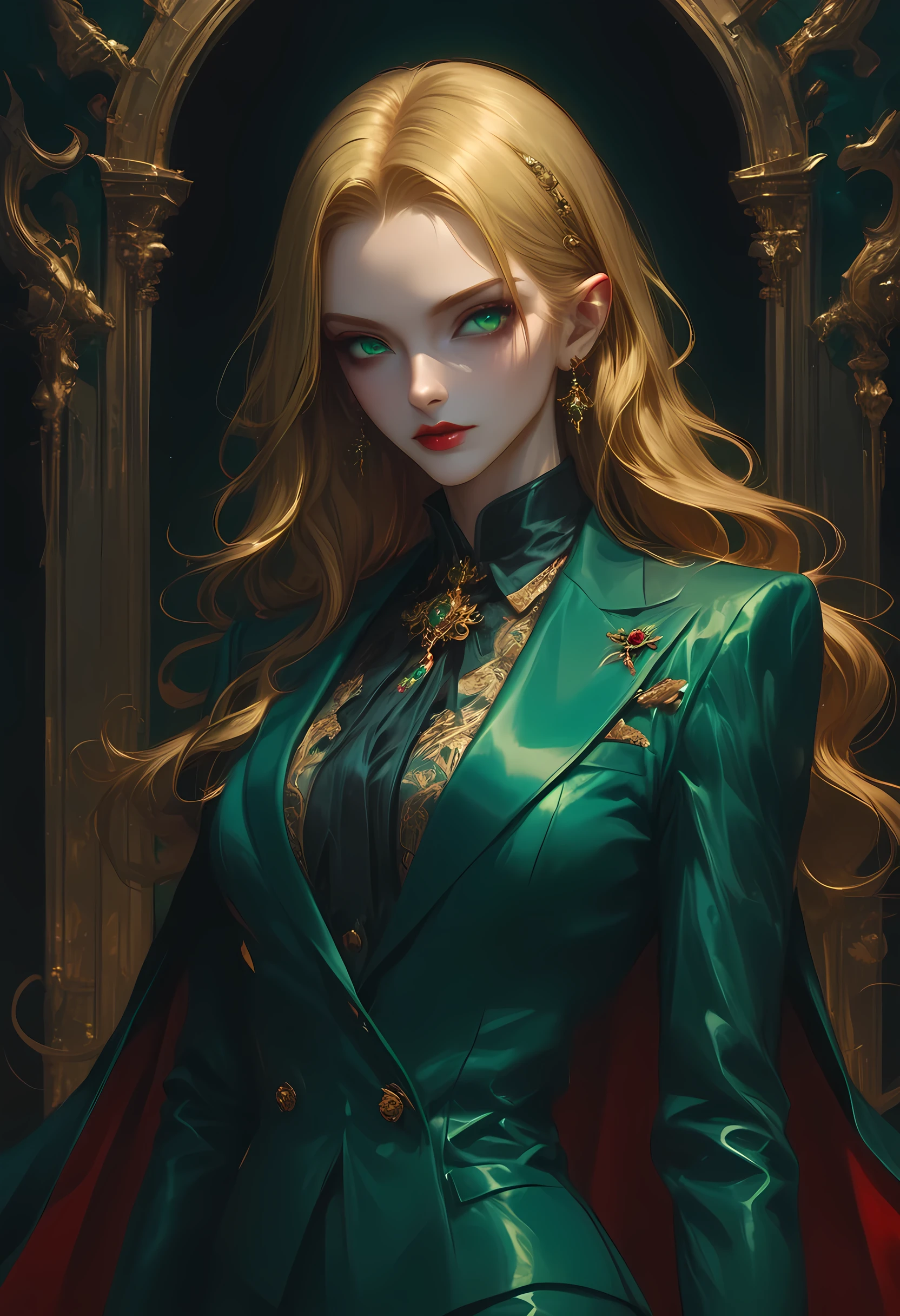 score_9, score_8_up, score_7_up, score_6_up, score_5_up, score_4_up, Arafed, a portrait of an vampire woman, full body shot, exotic beauty, long hair, gold hair, (emerald green eyes), dark red lips, glamour shot, she wears an (blue) elegant suit, gold rose, high heel boots, full body shot, 16k, ultra detailed, masterpiece, best quality, (extremely detailed), arafed, dnd art Cinematic Shot