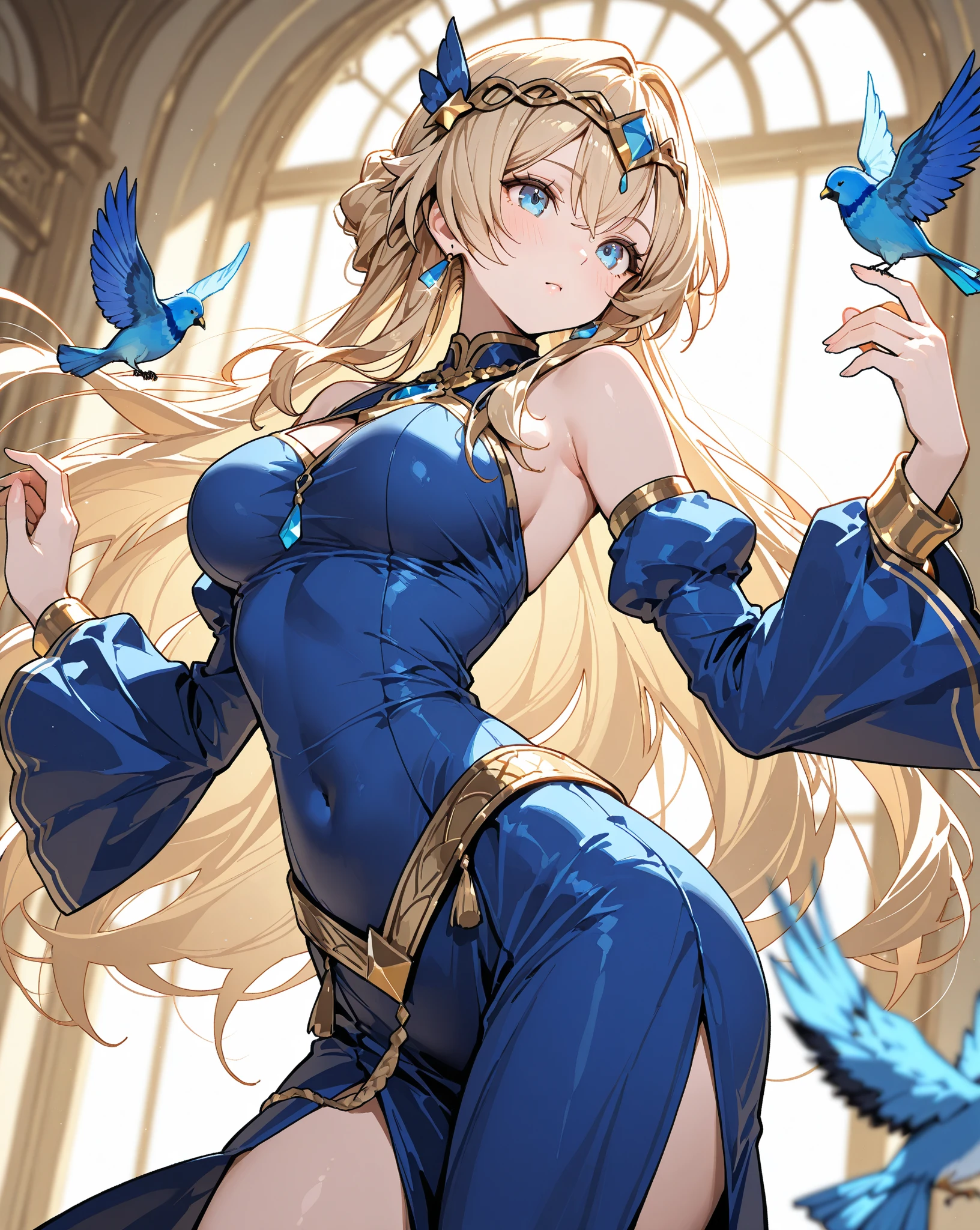 4k,High resolution,One Woman,Blonde,long hair,Braid,Blue Eyes,Big Breasts,princess,Blue Princess Dress,Princess's Tiara,Jewelry decoration,Medieval town