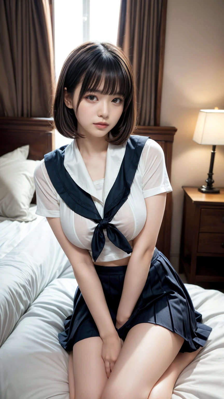 (8K、Raw photography、top-quality、masterpiece:1.2),(Spread your legs wide,Open your legs wide),(Long bob cut),watching at viewers,Looking at the front,Bullish,Erotic,Pupils,Light Blue Bra,de pele branca,kne,(Black pantyhose),absurderes,a small face,Parting the bangs from the middle、Forehead visible,(be shy,Tight eyes,glares,Bullish,skinny,Rasping,irate)、masterpiece,top-quality、超A high resolution,Raw panties,ren,Beautiful fece,One Person, 独奏,fullllbody、cute little、Back to Student,JK school uniform,hi-school girl,A Japanese Lady,is standing,(Photorealsitic:1.37)、Photon mapping,Realistic、Cute little face,Brown-eyed、Black socks、(Red bow tie)、Radio City、Physically Based Rendering、Foreground、depth of fieldlurry background、a picture,The girlody,beauty legs, Long legs, Thin leg,Tie your hair into one strand on your chest,(Bangs are visible), hair, s lips, Blue_The eye, nosesoft,(Light blue shirt), (Navy and blue and white plaid pleated skirt), Knees are visible,Sheer clothing,, Thigh, Black cotton socks,Nogizaka Idol, , Japanese ido、large full breasts、cleavage of the breast、Unbutton your shirt to reveal your chest、(Clearly visible detailed female pubic shape: 1.4), Masturbation Girl,fully body photo、skirt lift by yourself、super definition、lowfers、No panties、No panties、No bra、No bra、No pubic hair、The pubic area is wet、On a hotel bed、dim room、Black knee-high stockinglack knee-high socks、urination, panties to the side, pussy is visible