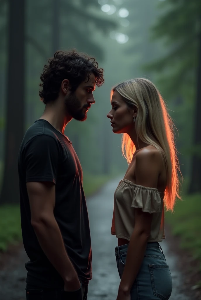 Generates an image of Maya Fritts a 30-year-old blonde woman with light eyes with Antonio a 30-year-old man the scene takes place in an abandoned Colombian farm called Hacienda Nápoles the atmosphere is one of connection and suspense Uses a realistic style 