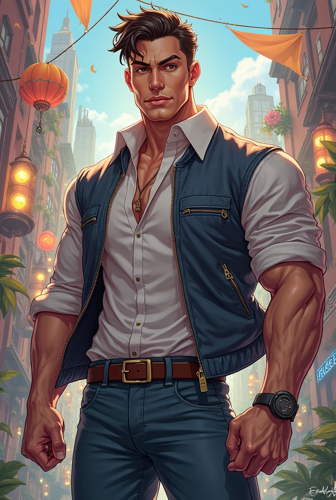 Best quality, masterpiece, ultra high res,detailed background,realistic,illustration,shot,solo,1boy,muscular male,beard,police uniform, (((stephen amell  with open shirt))), erotic, ripped pants,street,muscular,facial hair,volumetric lighting,depth of field，short hair, stocky bara, stocky burly
