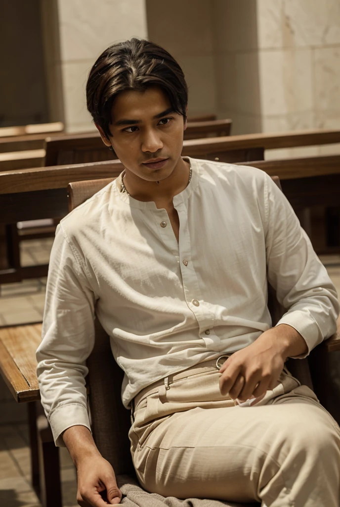 "A 30-year-old man named Raka sits at a table, holding a feather pen. He wears modern traditional clothing, such as batik with neutral-colored trousers, and a necklace with a wooden pen-shaped pendant. His dark brown eyes express enthusiasm, and his tan skin with a small scar on his left cheek adds character. In front of him lies an open book. The background is a grand royal library. Raka carries an old leather notebook and a unique feather pen, which he uses to draw simple illustrations in the air while telling stories. With a deep and calming voice, he brings stories to life, embedding moral values and cultural knowledge in each tale. Realistic, detailed, half-body."