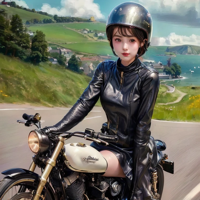 Bluff Superior SS100、(クラシックRiding on motorcycle )、(Vintage Bikes、Bluff Superior SS100)、Isle of Man Races、 (Riding on motorcycle:1.2), Beautiful young woman、18-year-old、Beautiful Face, Beautiful delicate eyes, Black Hair, Short Bob Hair, Classic Leather Jacket、Cromwell helmet with goggles、After the Rain、English countryside、 Detailed Description、(Highest quality, masterpiece, High resolution)、8k、wallpaper