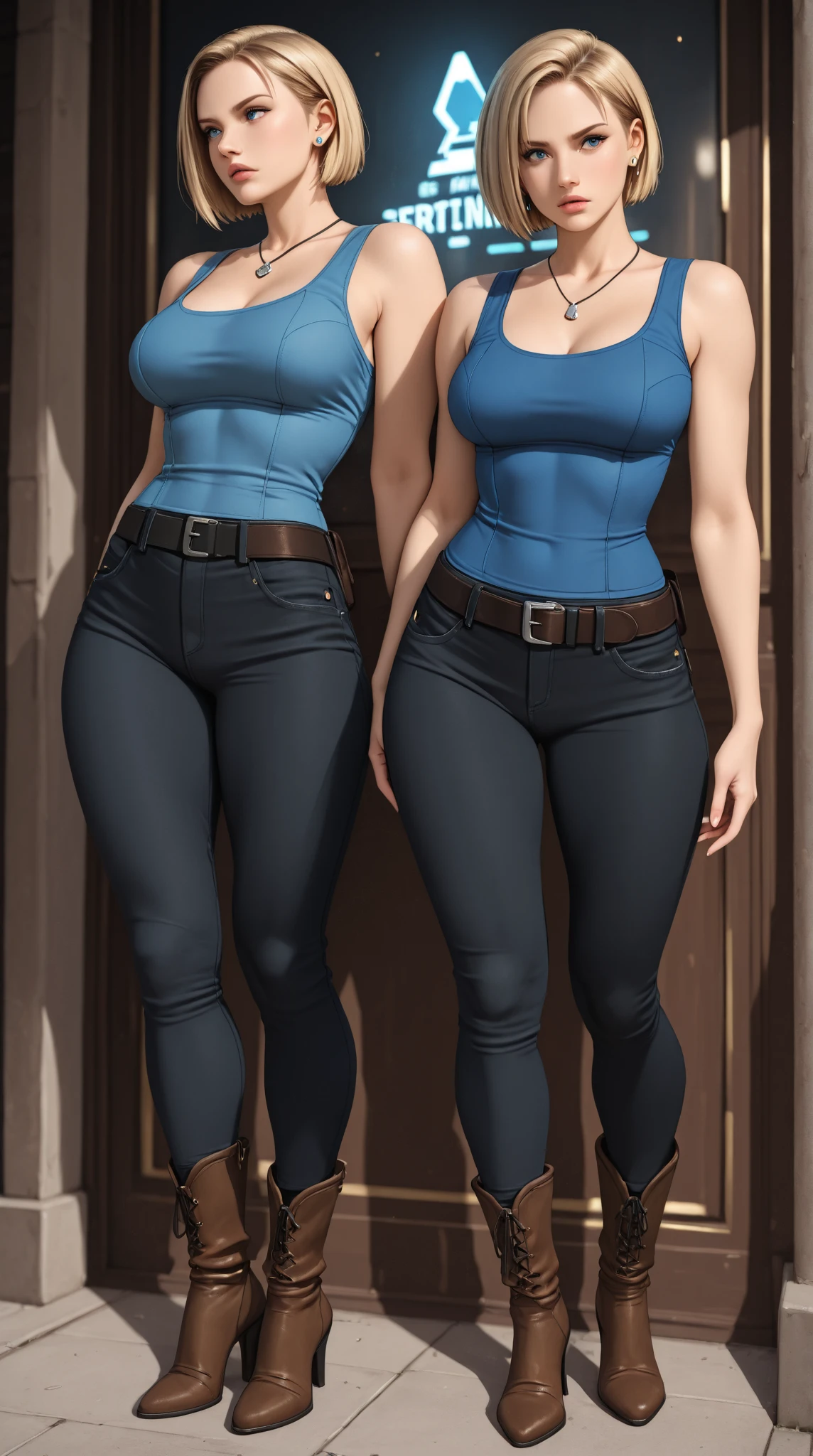 ((best quality)), ((4k)), ((highres)), ((masterpiece:1.2)). ((detailed)), ((ultra realistic)), ((intricate details)), ((full body picture)), ((character design sheet)), ((blank background)), ((standing in a blank background)), a gorgeous and tall ((around 6'0 tall)) blonde woman, plus size model, curvy model, thick, muscular model, muscular arms, muscular and feminine, bodybuilder woman, curvy and muscular woman, muscular and thick, tattoos on her arms ((tattoos on her arms)), vivid blue eyes, dressed in a tank top and skin-tight jeans, posing with her muscular arms above her head, barefeet ((BAREFEET))