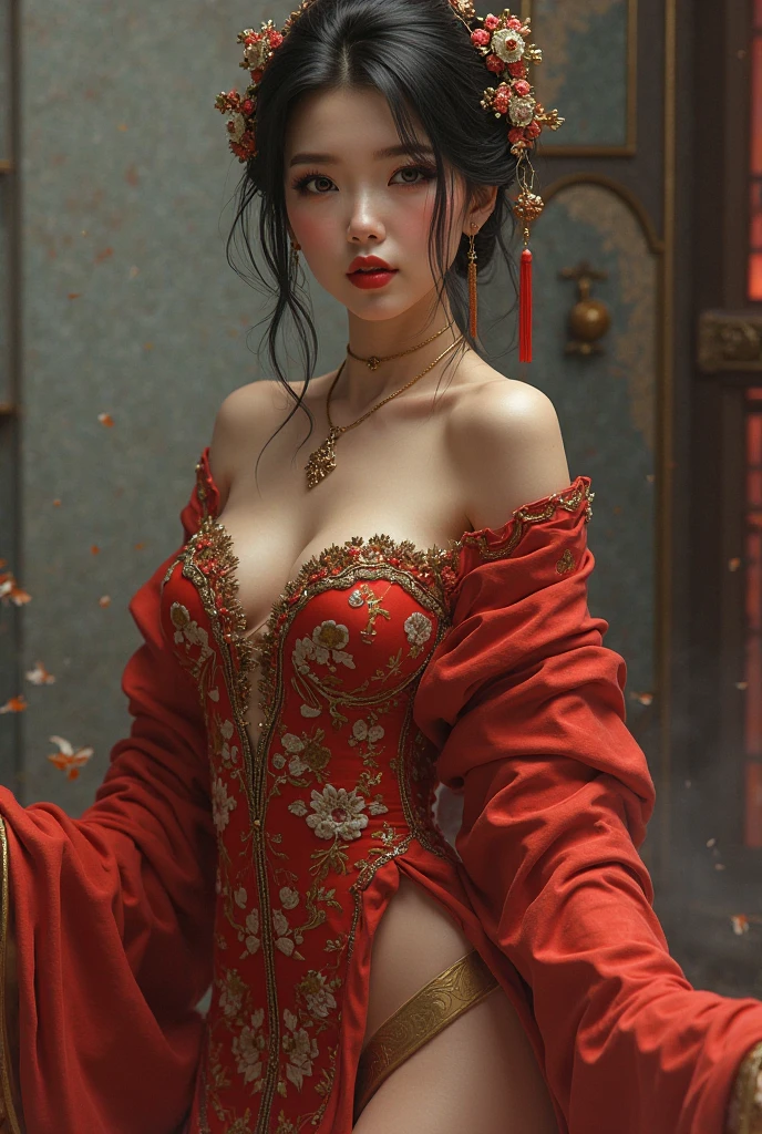 super sexually attractive Japanese Oiran wearing provocative dress in obscene posture 
