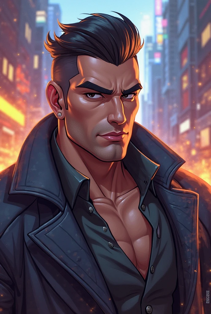 ((realistic: 1.5)),((best quality)), ((masterpiece)),((detailed)), male, dark skin tone, shaved hair, slightly gray, bearded, yellow eyes, cut scar on face, cigarette smoke around, city lit at night