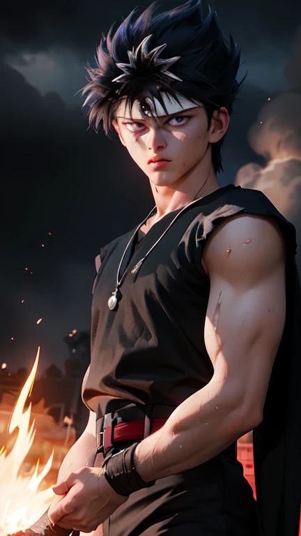 ((1boy)), young boy, (nice hands, perfect hands), (male focus), (perfect anatomy), ((kirishima eijirou)), bare chest, sparkling eyes, abs and pectoral muscles, (ready to attack a villain, looking at viewer), (ruined burning city in the background)