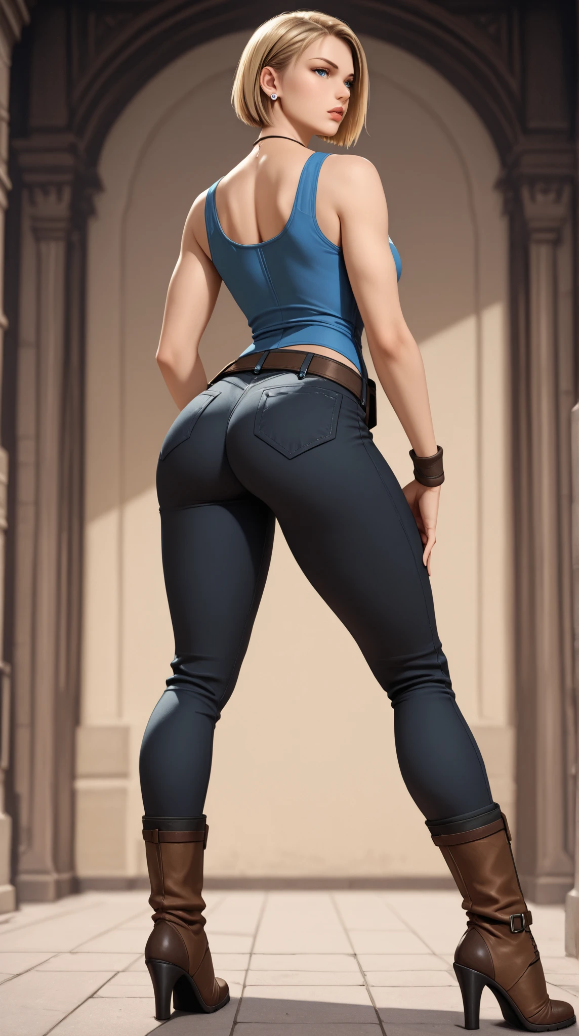 best quality, highres, and18, 1girl, android 18, solo, blue eyes, blonde hair, belt, jeans, pearl_necklace, bracelet, black gloves, white shirt, short hair, short sleeves, earrings, blue pants, open vest, black vest, large breasts, (ruins:1.3), lying, from behind, ass,back side view,looking at camera, full body,high heels,masterpiece