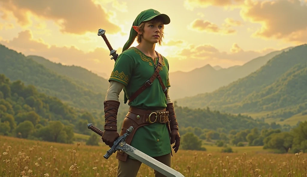 (link from the legend of zelda), (cowboy shot), (watercolor art: 1.2), blurry background, (best quality, 4k, 8k, highres, masterpiece: 1.2), ultra-detailed, (realistic, photorealistic, photo-realistic: 1.37), fantasy, adventure, high resolution, Cinematic Hollywood Film style
