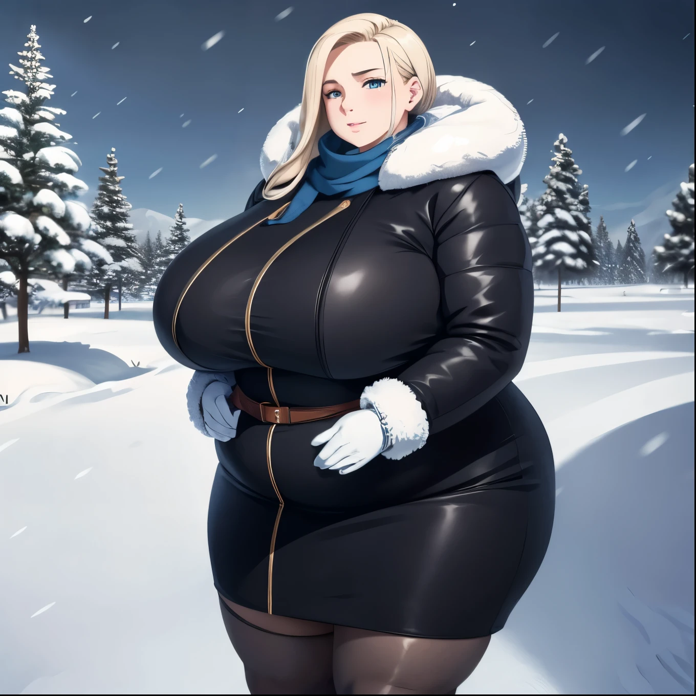 butch girl, pinup, centerfold, winter clothes, short skirt, cleavage