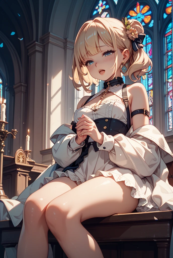 A girl，Long hair, bangs, Blonde hair, Hair between the eyes, s eyes:（1.5),  (Large Breasts:1.2), 
rest clavicle, Wedding dress，Veil，wedding，White Dress，Flowers，The skirt is broken，White socks，Tights，White knee socks，
Looking at the audience, whole body,
indoors, church，permanent，permanent，
rest (masterpiece:1.2), best quality, high resolution, Unity 8K wallpaper, (illustration:0.8), (Beautiful and delicate eyes:1.6), Extremely detailed face, Perfect lighting, Extremely detailed CG, (Perfect hands, Perfect anatomical structure),
