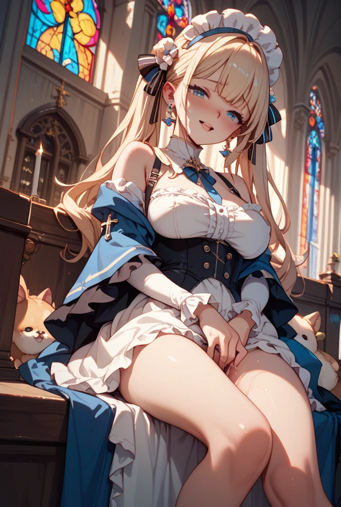 Alice in Wonderland,,Animated taste, Open your legs, legs wide open, sit down,(Bare jacket, exposed breasts, tits, and pale pink nipples,NSFW) (naked jacket,) A detailed face shirtless Cute Alice with blonde hair from Dress: pastel blue color: pastel blue style: Fit and flare details: Lace and ribbon trim front: Mysterious words like a big white apron "Drink me" And "Don't be kidding" Embroidery on apron cardigan: slightly off-white color: Slightly off-white design: Gothic pattern small button socks at cuffs and hem: knee high socks type: knee high socks color: Light blue and white striped ribbons decorate the calves Shoes: Type: Types of Mary Jane shoes: mary jane shoe color: white buckle: gloves with large gold buckles: short glove type: short gloves color: White wrist: White hair accessory with fine lace decoration: headband type: headband design: A small satin ribbon accessory with a mysterious key in the middle. A choker with a small watch on the collar. Multiple bracelets on the wrist., One of them has a heart charm