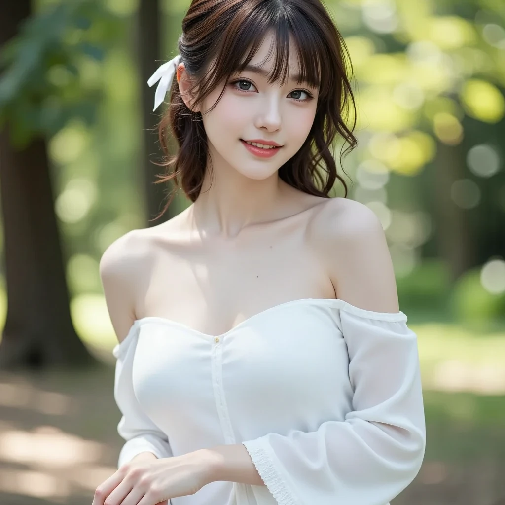 (((Leaning forward))), (V-neck shirt:1.6), Highest quality, Ultra-high resolution, (Realistic:1.4), One girl, (Small breasts:1.6), smile, Bare shoulders, Focus Only, View your viewers,Fair skin,locker room,Changing clothes,Photon Mapping, Physically Based Rendering, RAW Photos, Highly detailed background,K-Pop Idols,Depth of written boundary,torii,cherry blossoms,hair ornaments,Detailed face,Shiny skin,Game CG,whole body, 