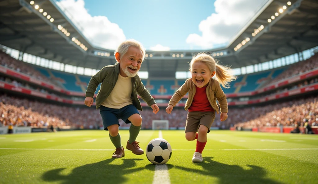 Grandparents playing soccer with their grandchildren wearing a red and yellow shirt