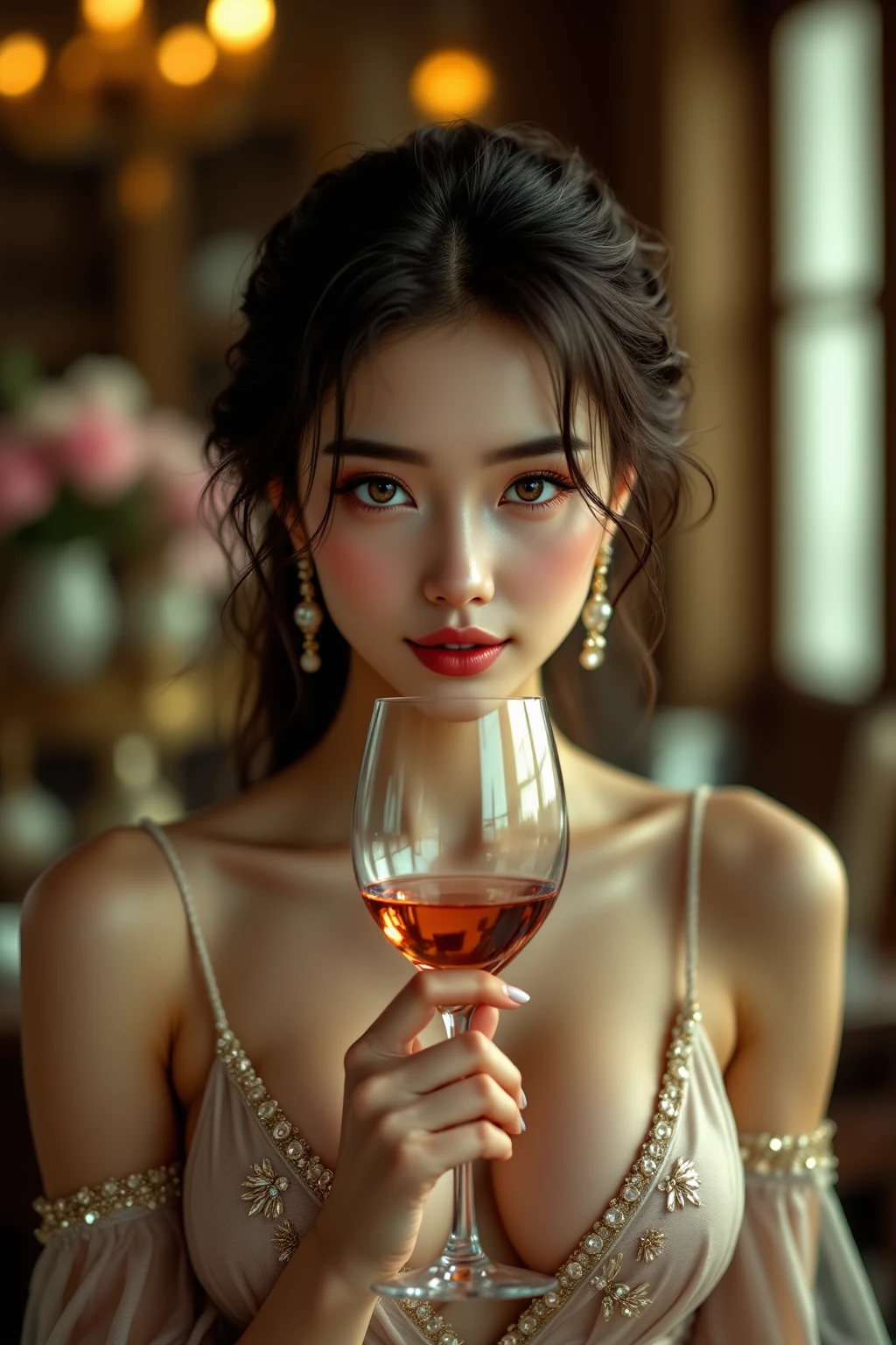 (A woman who is,pretty  face,Long eyelashes,Pink Long Hair,Blue pupil,Gem Necklace,Low-cut evening dress,holding a glass of champagne,Red evening dress,starrysky,Elegant,Surreal art)