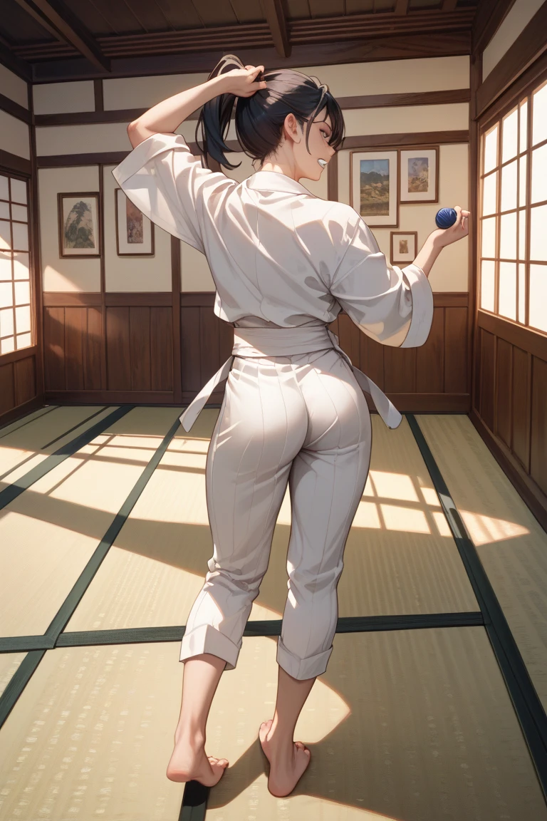 (((Wearing nothing on the lower half of the body)))、((Not wearing pants))、((Not wearing panties))、Female genitalia are well visible、Dark pubic hair、Female genitalia are wet and shiny、Alafed woman in white karate costume on upper body kicks down the street, a very beautiful woman、Very Beautiful Japan Woman、in an action pose, Highkick, karate pose, karate kick, martial art pose, Wearing a white GI, karate, battle posture, doing martial arts, in a fighting pose, The upper body is a karate costume, shinkai makoto, Fighting Pose