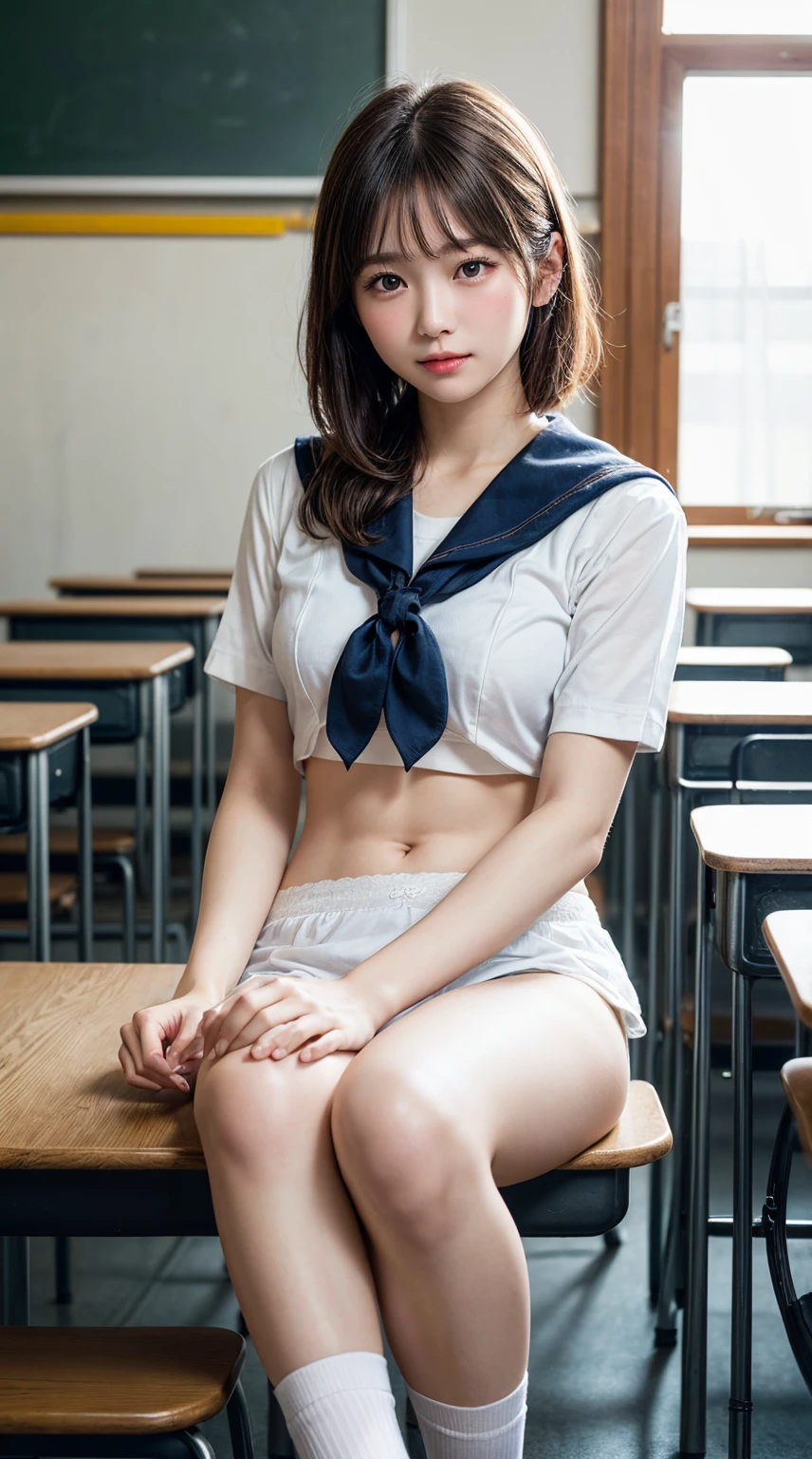 RAW photo, highest quality, High resolution, disorganized), High-definition RAW color photos, professional photos, (realistic, photo-realistic:1.37), cinematic light, (masterpiece:1.3), (highest quality:1.2), 1 girl, highly detailed skin, Ten generations girl, japanese idol, Ten generations, black hair, (detailed face:1.2), (highest quality:1.2),(small face:1.2), lulzzang-6500 BREAK ((NSFW:1.2)),(School uniform:1.4), ((Showing white :1.4)), (Panty s.2), View Viewer Break ( In the classroom:1.4), School, cowboy shot, Ten generations , :1.4