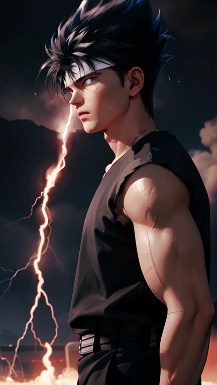 Bishonen anime slim, muscular, hot man, 21 years old, luminous grey iris with weather manipulation powers, wearing white sheer t-shirt, tioght fitted white brief, white socks and white air force shoes, flying 50 feet above the ground in a stormy sky, with lightning bolts in his hands. he creates a hurricane with his powers in the background, dark clouds and lightning fill the sky