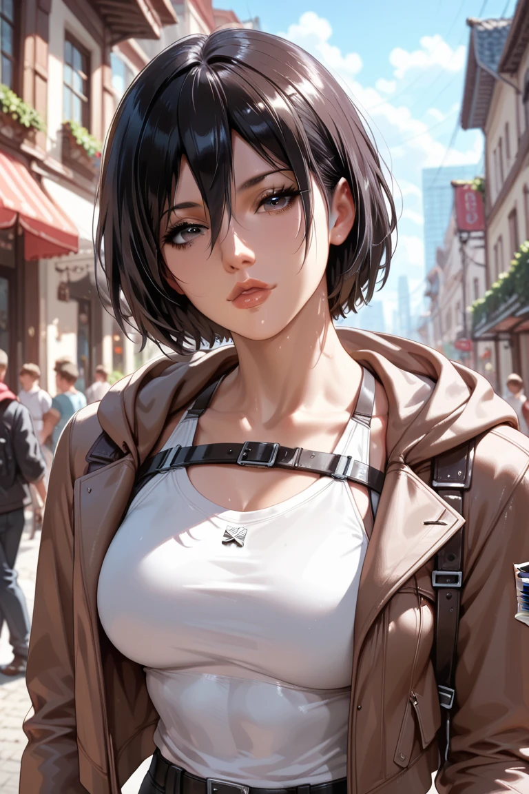 (Attack on Titan, Mikasa Ackerman), brown skin, (((white dress)), (short black hair), young, cute, beautiful girl, perfect style, big, emphasizing cleavage, expressionless, realistic, photoreal, 8k, highly detailed, highest quality, best quality, super high definition, masterpiece, one girl, (background is American Broadway),