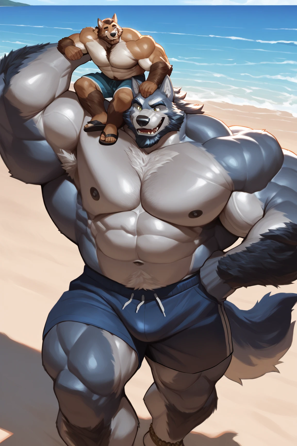 male,white lion, body ,furry,drool,open mouth,nipples,cum on chest,Big chest muscles,scar on pecs,(paizuri:1.2),(Titjob:1.4),(grabbing breasts :1.3),lying on beach,by zackary911,reality,realistic,masterpiece, best quality, reality,realistic