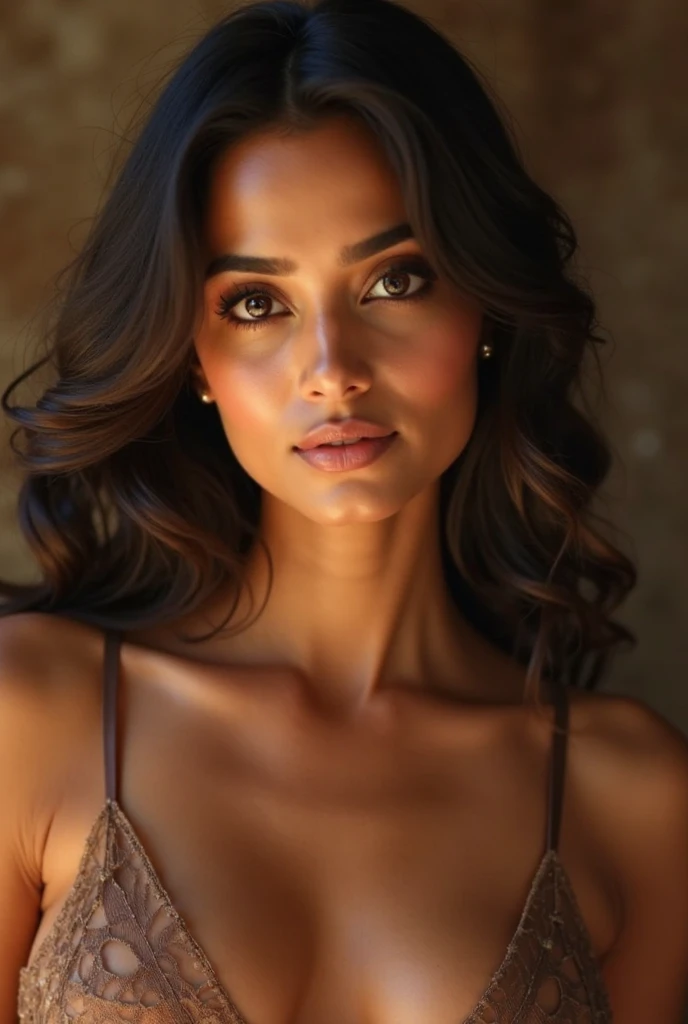 a 25-year-old woman, Latinoamericano, seductor, sexy, desnudo, ojos lujuriosos, Figura del modelo, sin tela, mostrando y
