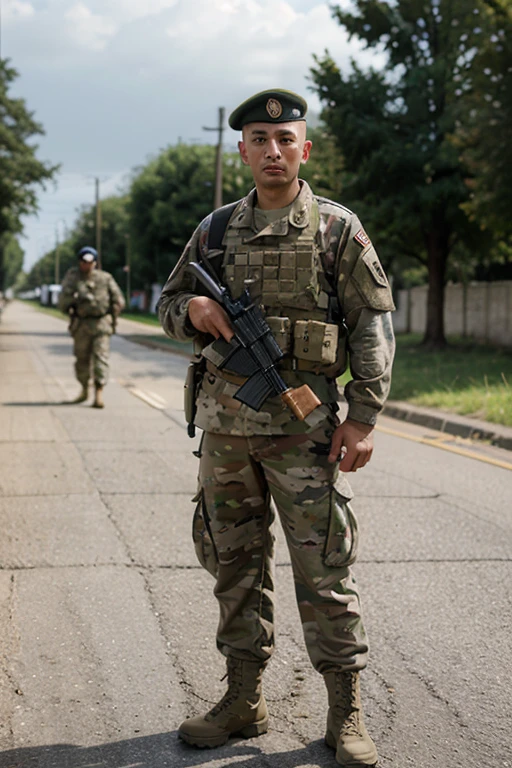 Generate an image that symbolizes the completion of the mission, with the soldier standing firm on his Create a visual representation of a soldier marching towards success, staying focused and following goals with military precision