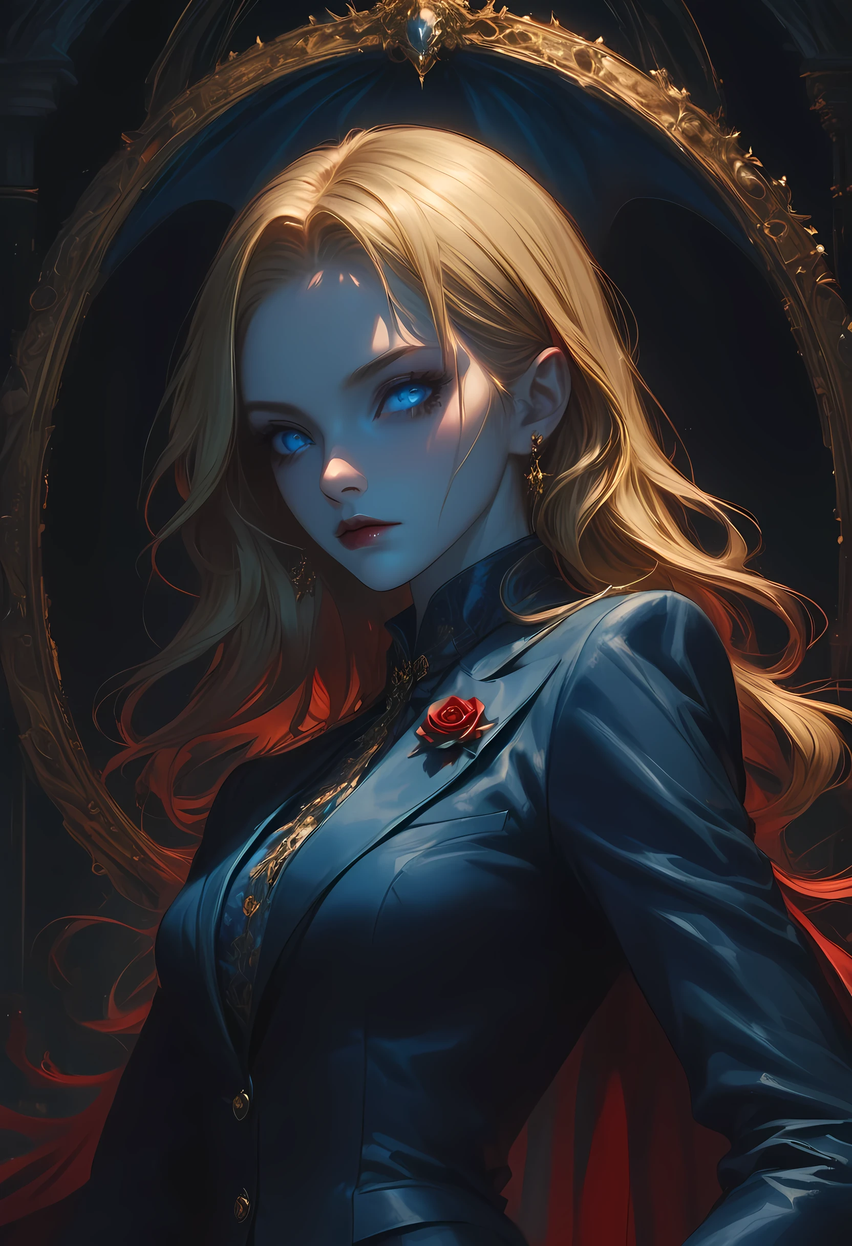 score_9, score_8_up, score_7_up, score_6_up, score_5_up, score_4_up, Arafed, a portrait of an vampire woman, full body shot, exotic beauty, long hair, gold hair, (blue eyes), dark red lips, glamour shot, she wears an (blue) elegant suit, gold rose, high heel boots, full body shot, 16k, ultra detailed, masterpiece, best quality, (extremely detailed), arafed, dnd art Cinematic Shot