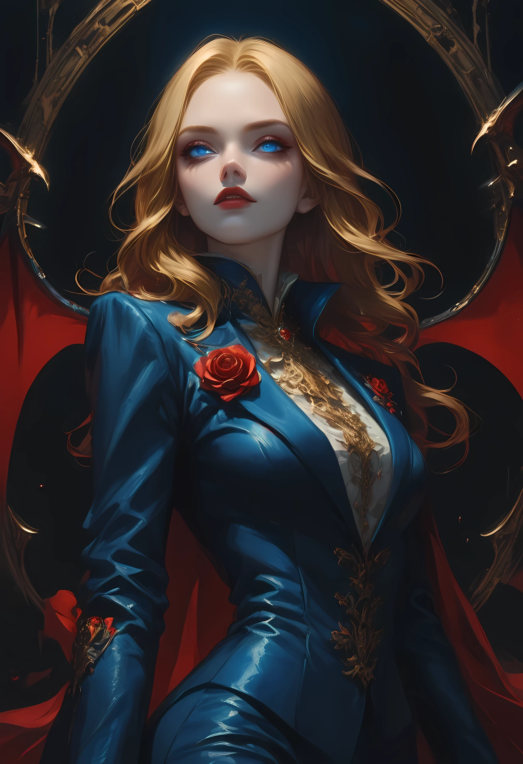 score_9, score_8_up, score_7_up, score_6_up, score_5_up, score_4_up, Arafed, a portrait of an vampire woman, full body shot, exotic beauty, long hair, gold hair, (blue eyes), dark red lips, glamour shot, she wears an (blue) elegant suit, gold rose, high heel boots, full body shot, 16k, ultra detailed, masterpiece, best quality, (extremely detailed), arafed, dnd art Cinematic Shot