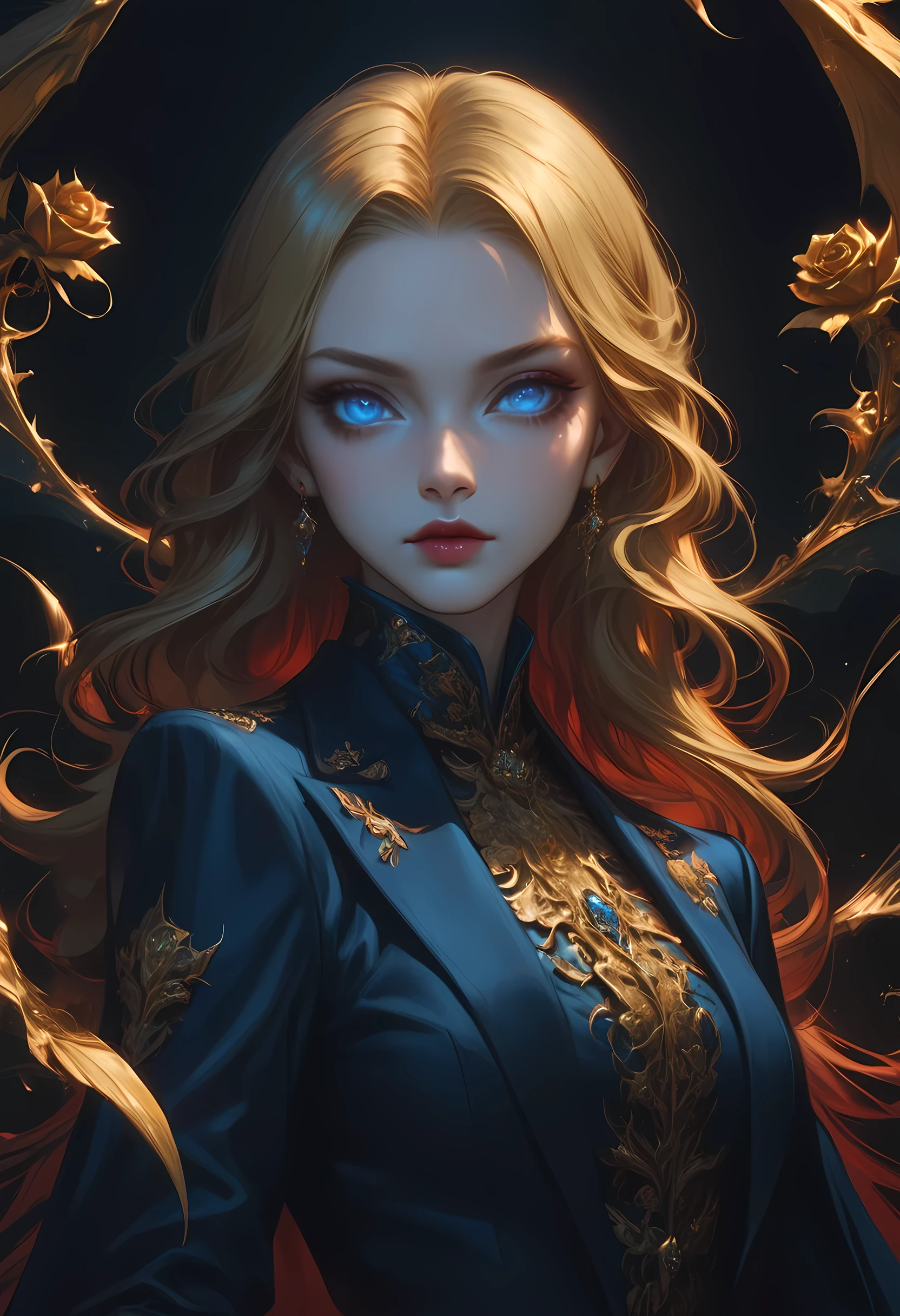 score_9, score_8_up, score_7_up, score_6_up, score_5_up, score_4_up, Arafed, a portrait of an vampire woman, full body shot,  exotic beauty, long hair, gold hair, (blue eyes), dark red lips, glamour shot, she wears an (blue) elegant suit, gold rose,  high heel boots, full body shot, 16k, ultra detailed, masterpiece, best quality, (extremely detailed), arafed, dnd art Cinematic Shot