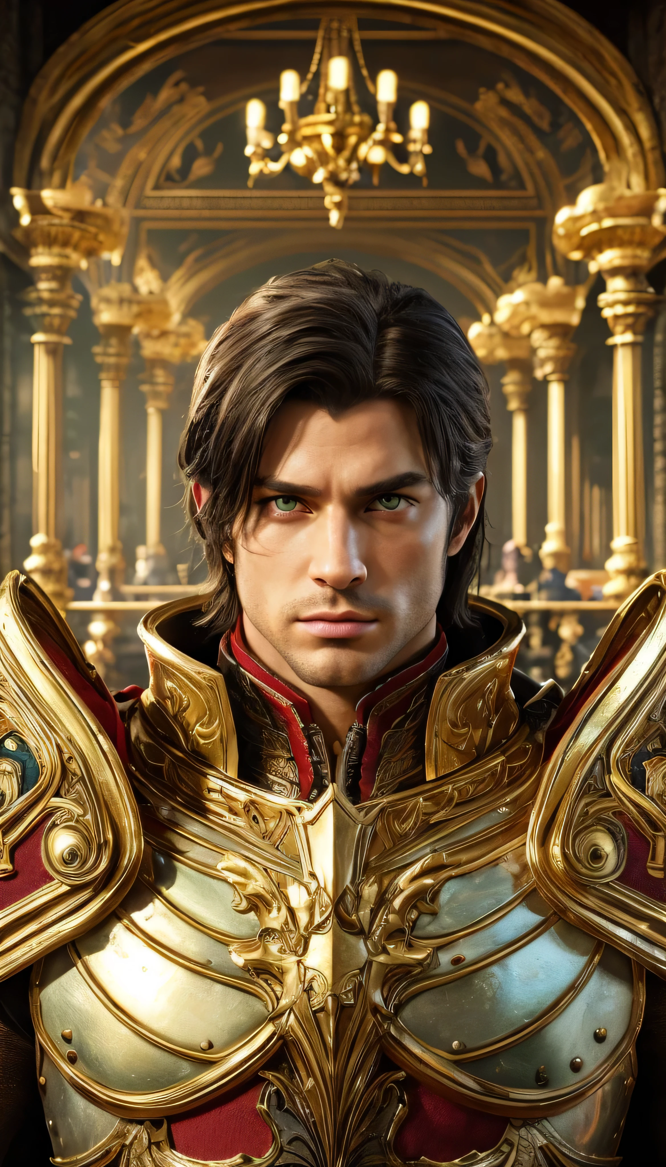 A Commander, he has green eyes and slightly long black hair. He is wearing full golden armour. Outside grand palace background. Surrealism, Highest detail, Cinematic lighting, Ray tracing, angle of view, Eye level shots, Ultra HD, Masterpiece, Textured skin, 4K, Best quality, clearest image.