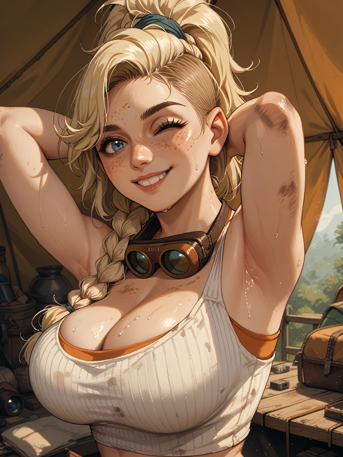 (masterpiece, best quality:1.4), absurdres, highres, ultra detailed, beautiful, 1girl, (cowboy, cowboy western, cowboy hat:1.4), (perfect face, detailed face, beautiful:1.3), (blue eyes, golden hair, bangs, hair intakes, short hair), (natural breasts, cleavage), collarbone, brown vest ,collared shirt, fingerless gloves, gloves, hat, navel, neckerchief, red neckerchief, revolver, short shorts, shorts, thick thighs, thighs, multiple belts, (desert:1.4),
