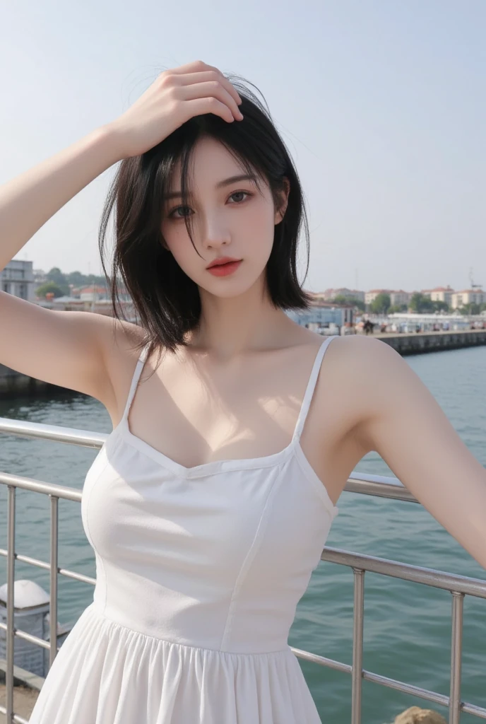 Best quality,masterpiece,ultra high res,(photorealistic:1.4),1girl,sexy,(bikini:1.2),(bra:1.2),(large breast:1.3),(upper body:1.4),(seaside:1.4),(wet body),(:1.2)