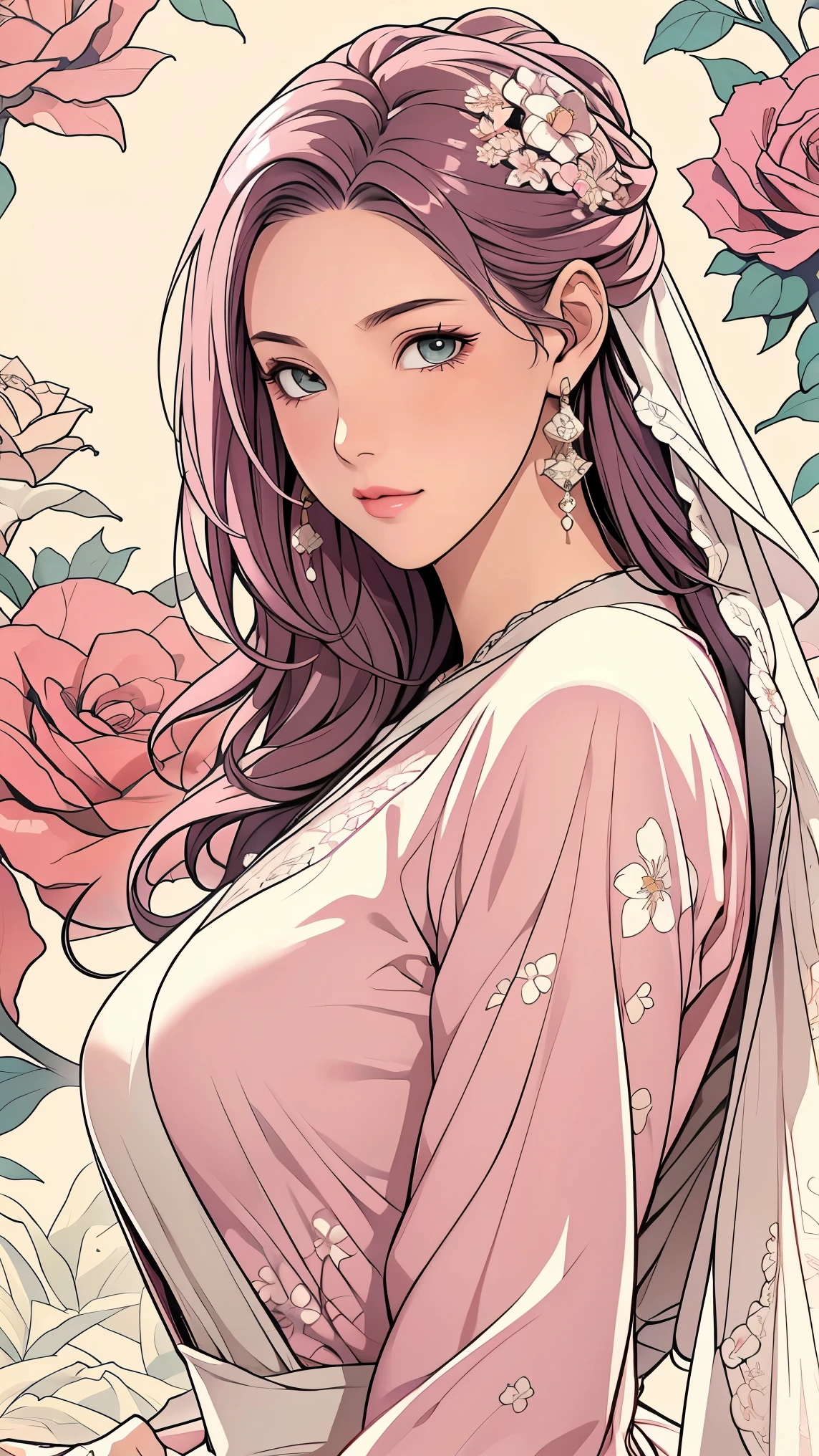(masterpiece, best quality, best quality, Official Art, Beautiful aesthetic:1.2), green eyes, (best quality, masterpiece painting:1.3), Immature woman, , (bust), masterpiece, ultra high resolution, (((wedding veil, lace trim dress, transparent, Wedding Dress, Outdoors, White Rose, (long sleeve:1.2), Pink Bow,))), Decorative panel, Abstract art, (taken from a side angle), (photorealistic:1.0), ((pale pink hair)), straight hair , beautiful and shiny hair, white radiant skin , painterry, sketch, texture, ultra high resolution, solo, beautiful woman in silya room, very detailed, (fractal art:1.1), (colorful:1.1), (Floral:1.6), most detailed, ( zentangle :1.2), (dynamic pose with well-shaped nipples), (abstract background:1.3), (shiny skin under clothing), (Many colors:0.8), (earrings:1.4), (feather:0.9), Taisho Romance,saggy breasts