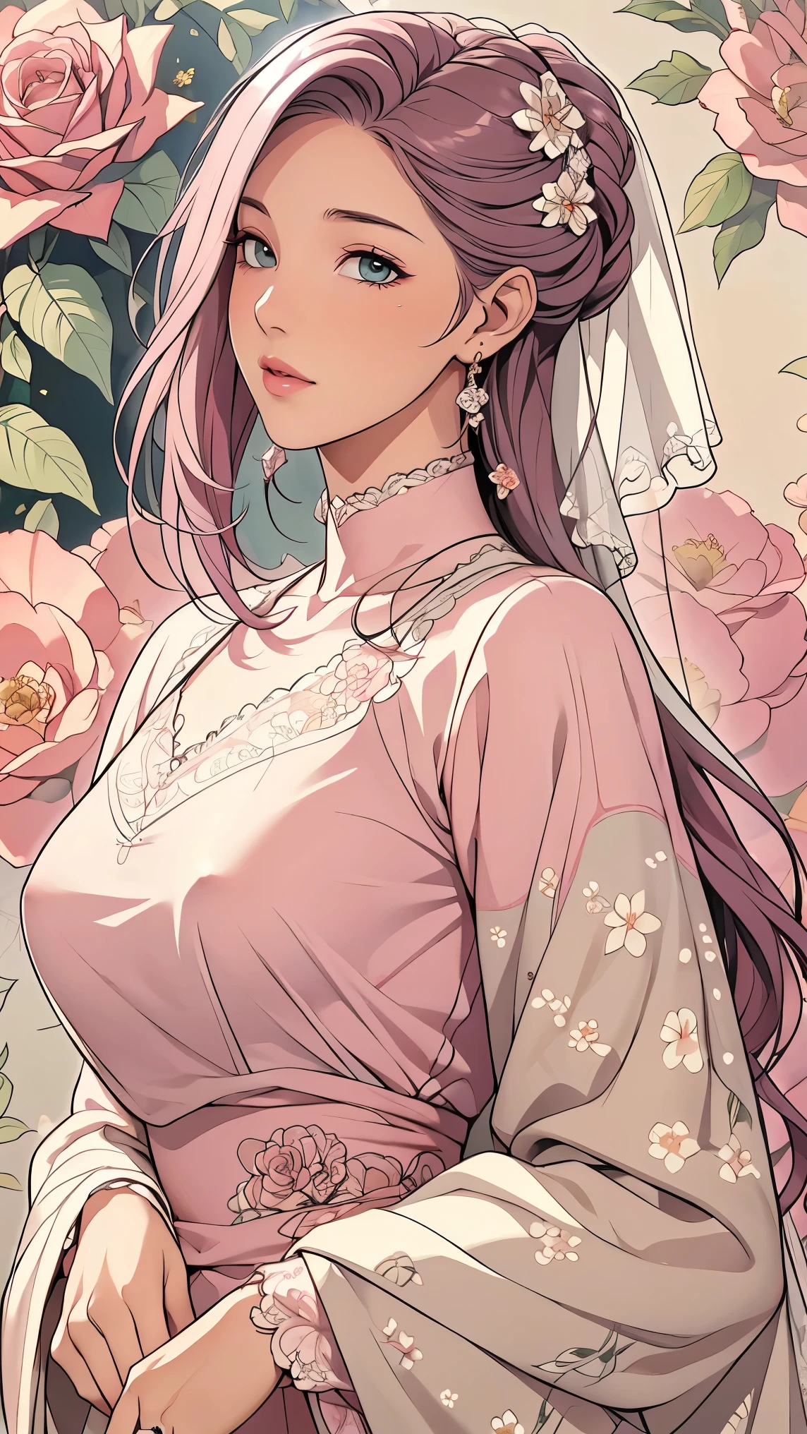(masterpiece, best quality, best quality, Official Art, Beautiful aesthetic:1.2), green eyes, (best quality, masterpiece painting:1.3), Immature woman, , (bust), masterpiece, ultra high resolution, (((wedding veil, lace trim dress, transparent, Wedding Dress, Outdoors, White Rose, (long sleeve:1.2), Pink Bow,))), Decorative panel, Abstract art, (taken from a side angle), (photorealistic:1.0), ((pale pink hair)), straight hair , beautiful and shiny hair, white radiant skin , painterry, sketch, texture, ultra high resolution, solo, beautiful woman in silya room, very detailed, (fractal art:1.1), (colorful:1.1), (Floral:1.6), most detailed, ( zentangle :1.2), (dynamic pose with well-shaped nipples), (abstract background:1.3), (shiny skin under clothing), (Many colors:0.8), (earrings:1.4), (feather:0.9), Taisho Romance,saggy breasts