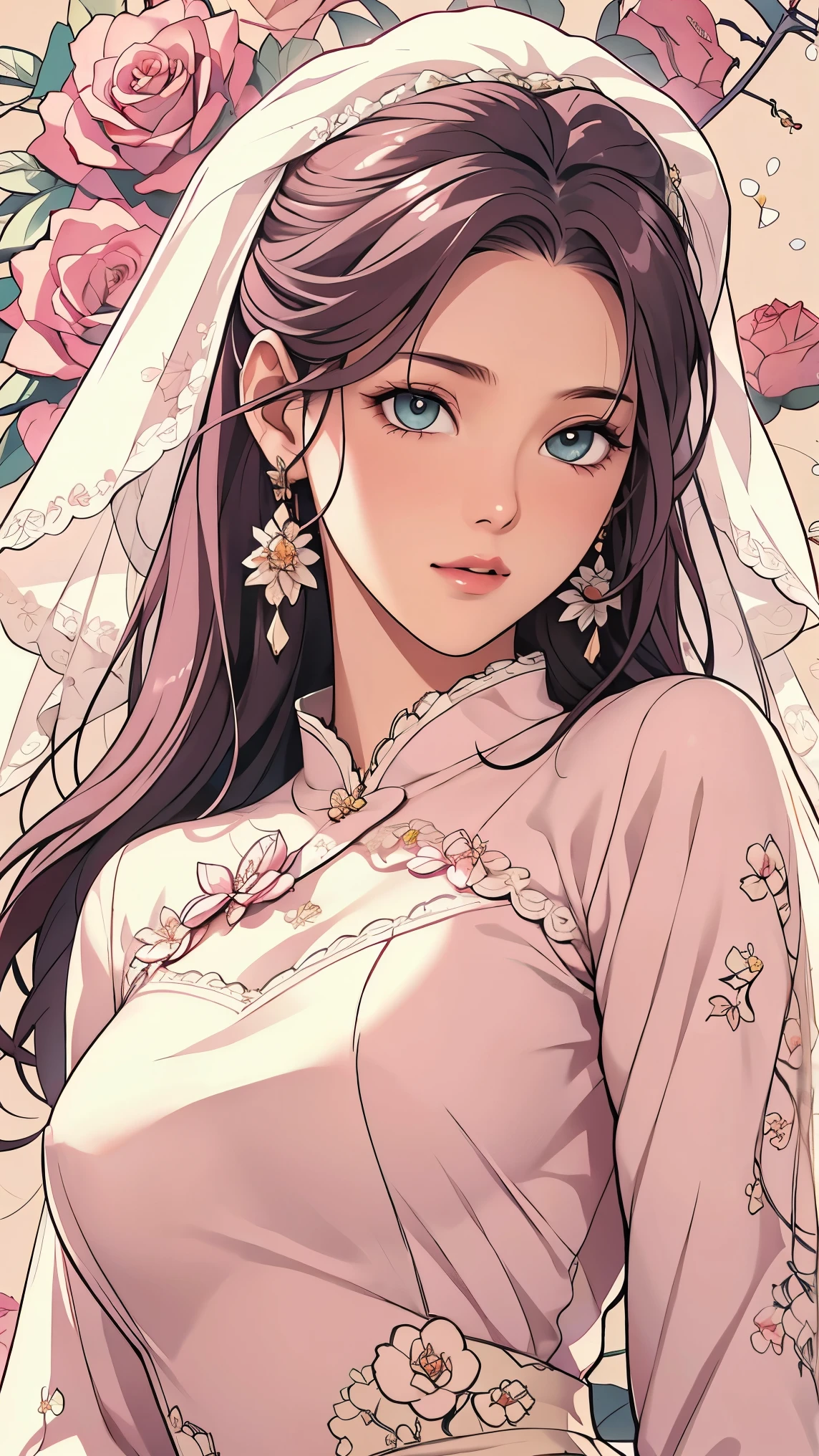 (masterpiece, best quality, best quality, Official Art, Beautiful aesthetic:1.2), green eyes, (best quality, masterpiece painting:1.3), Immature woman, , (bust), masterpiece, ultra high resolution, (((wedding veil, lace trim dress, transparent, Wedding Dress, Outdoors, White Rose, (long sleeve:1.2), Pink Bow,))), Decorative panel, Abstract art, (taken from a side angle), (photorealistic:1.0), ((pale pink hair)), straight hair , beautiful and shiny hair, white radiant skin , painterry, sketch, texture, ultra high resolution, solo, beautiful woman in silya room, very detailed, (fractal art:1.1), (colorful:1.1), (Floral:1.6), most detailed, ( zentangle :1.2), (dynamic pose with well-shaped nipples), (abstract background:1.3), (shiny skin under clothing), (Many colors:0.8), (earrings:1.4), (feather:0.9), Taisho Romance,saggy breasts