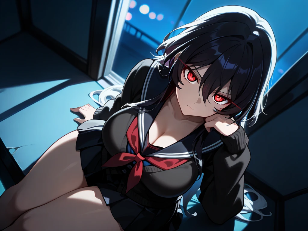 (masterpiece, best quality), 1girl, 16yo, realistic, black dress, red tie, goth, (red panties), upskirt, sprad legs, vibrant colors, abstract background, lines geometric, night, dark theme, high contrast, deep shadows