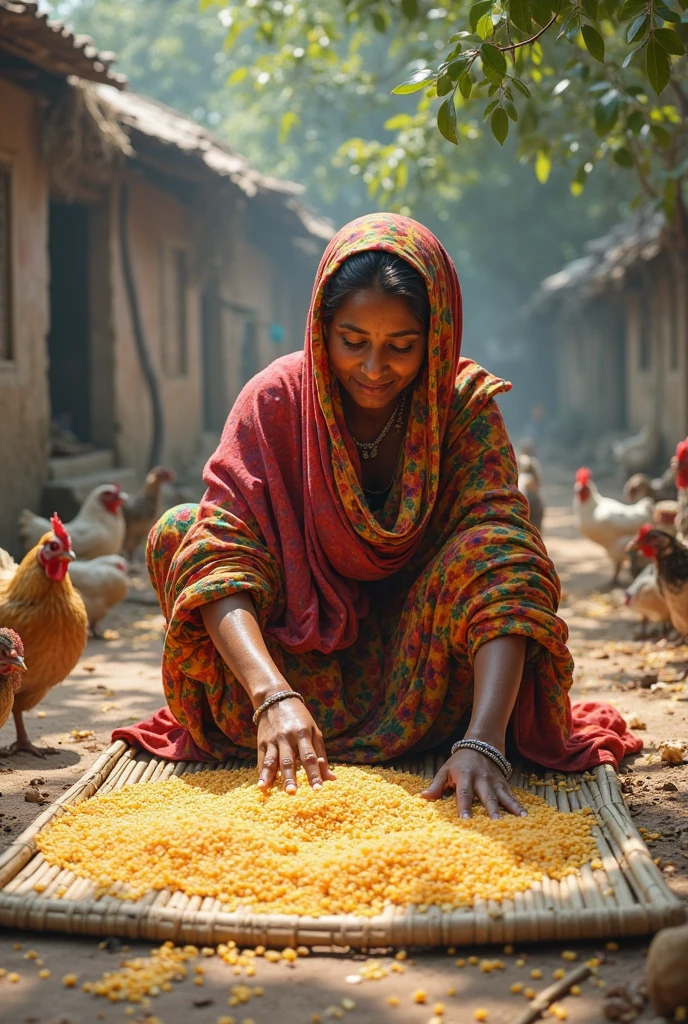 "Create an image that depicts a modern poultry farm, where an indigenous, Dressed in traditional indigenous costumes, esteja presente como um trabalhador ou supervisor. The scene should show the indigenous in a poultry environment, com galinheiros, birds and equipment related to poultry farming.

The indigenous must be involved in activities that demonstrate their integration with poultry operations, how to feed and care for birds, monitoring of egg production or any other related task. Their presence should highlight the harmony between modern birding practices and indigenous culture, representada por suas roupas tradicionais.

The scene should convey a message of respect for indigenous culture and its ability to adapt and integrate with modern practices, while preserving their traditions. It should be a positive representation of the intersection between indigenous culture and poultry activity, celebrando a diversidade cultural e a harmonia com o ambiente."