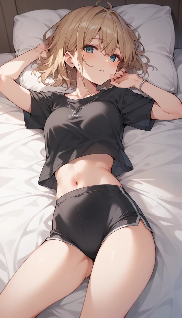 li,Well-groomed body, blonde hair, in bed, blushing, in provocative clothes