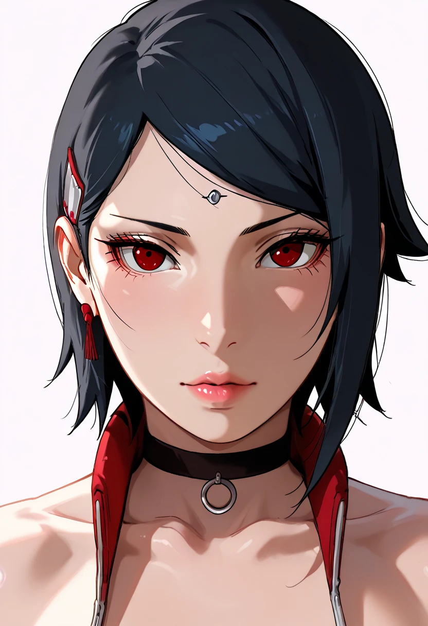 hight resolution、masterpiece、1girl in、Bjorf, short hair with long locks, white hairband、Kiss Face、bending forward、Pointed mouth、Bring your face closer、Red Eyes, Gold Earrings, Jewelry, off shoulders、tall