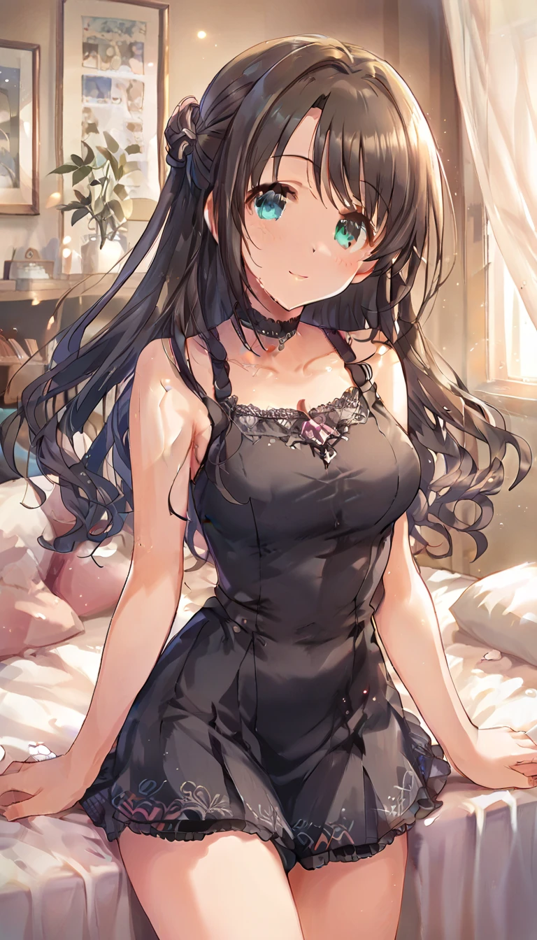 best quality, masterpiece, (独奏:1.2), (1 Female:1.2)、Age 25、Larger breasts、(Slender figure)、(from side:1.2)、(Sitting in front of the window)、(Resting in the heat:1.2)、Poses that emphasize the chest、(China dress:1.2)、(Thighs)、(White highlight in pupil:1.2)、Dark blue eyes、(Black-haired:1.2)、Straight bangs、(Long Hair)、(View your viewers:1.2)、White skin、(blush)、(Embarrassed expression)、(I blur the background a lot to make the woman stand out.:1.3)、(Morning semi-backlit)、Beautiful flowers in the background、Lily flower、Wooden Room