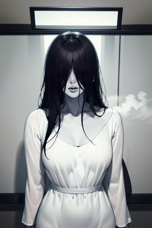 highres, masterpiece, perfect ligthing, bloom, cinematic lighting, adult, perfect skin, female, (RSEEmma:1.1), <lora:MISC-GlossyFace:0.3>, <lora:CHAR-Samara:0.9>, yamamura_sadako, (white kimono, black obi), (grey skin), hair over eyes, eyes covered, looking at viewer, creepy, horror,  night, white background, white walls, haunted house, cursed, rule of thirds composition, portrait, upper body,   <lora:POSE-BreastFocus:0.7>