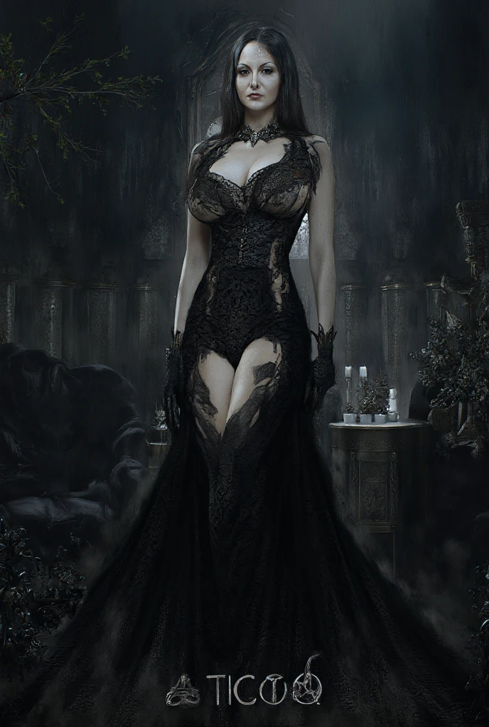 Arafed, Dark fantasy art, fantasy art, goth art, a picture of a female vampire, exquisite beauty, full body shot, dark glamour shot, pale white skin, dark blond hair, long hair, wavy hair, (glowing grey: 1.3) eyes, she wears a (white lace dress: 1.3) exquisite, beautiful, half sheer dress, ((white lace: 1.5)) dress (intense details, Masterpiece, best quality: 1.5), ArmoredDress, the roses are imprinted on the dress (black: 1.4) black roses betmd, high heels, dark castle porch, dark, black and color, lace drawing, dark novel, Dark Art Painting Style