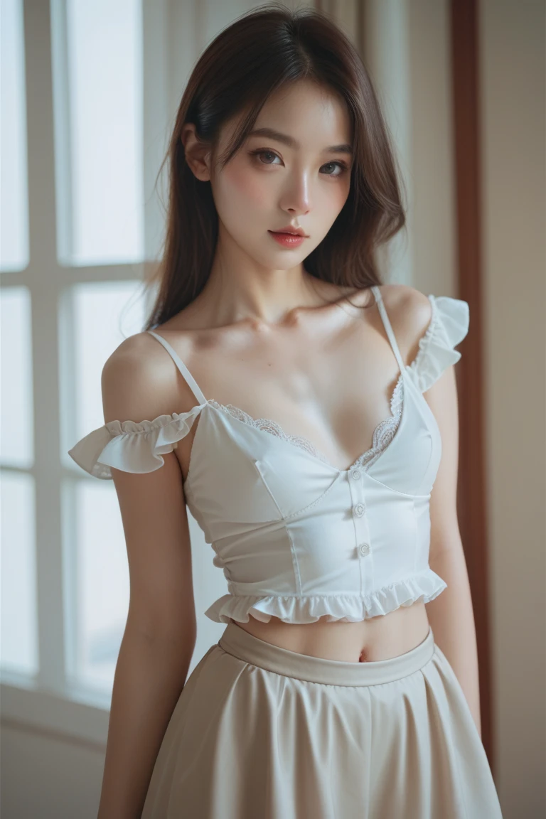 (masterpiece, Highest quality:1.1), (Ultra-fine 8K CG:1.2), (hyperRealistic:1.35), (PhotoRealistic:1.45), (Realistic:1.4), [Cowboy Shot], (Soft lighting), A beautiful Russian girl, 14 years old, put your hands in your hair, Underarm, Raise the hand