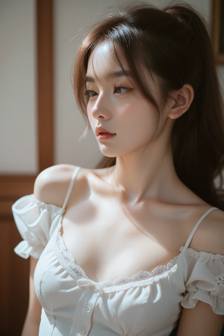 In this captivating image, a young Japanese girl gracefully poses on a very bright and clean white balcony. She wears a close-fitting white shirt, revealing the delicate details of her collarbone and the intricate stitching on the cuffs. Her neatly tied hair frames her beautiful and well-groomed face, accentuated by her big, expressive eyes. The sun casts natural soft light on her face, enhancing her charming and intellectual facial expressions. The background is simple and gray, allowing the focus to solely be on the girl's mesmerizing presence.
This highly detailed and photorealistic CG Unity 8K wallpaper portrays a 1