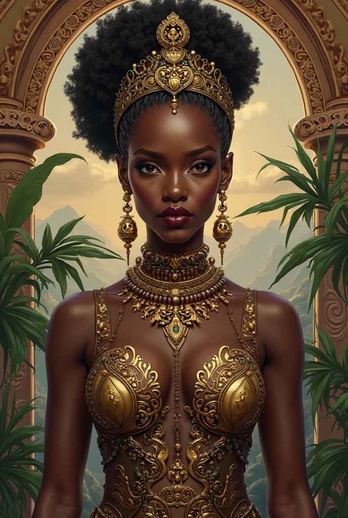 A realistic image of the ethnic model of the most beautiful woman in Africa, Fotografia, Estilo de Retrato, Inspired by Fashion and Beauty Photographers, Lente: 50mm, Medium plan, natural lightting, 8K分辨率 , (Professional 3D rendering:1.3) de (Realistic:1.3) Foto de arte mais bonito do mundo,oxum, The African Orisha,mulher negra, a mais linda, beleza rara, ,roupas amarelas e douradas,Orixá of the waterfalls,a negra mais linda, bela , magnifica, rainha do amor,cores amarelas, vestindo um ade detalhado e intrincado, olhar doce, cosmic goddess,impressionismo,Afrofuturista, corpo inteiro 8k unidade render, cascatas, forest lighting, sombreamento leve, circunstanciado, rosto detalhado, (Vibrando, fotografia realista, Realistic, Dramatic, foco nítido, 8k), (Roupas africanas de tribos :1.4), ((((use tecidos)))), (intrincado:1.4), decadente, (altamente detalhado:1.4), Pintura digital, rendering by octane, art stations, conceito-arte, liso, foco nítido, germe da arte, (Loish:0.23), Wlop Ilya Kuvshinov, e greg rutkowski e alphonse mucha gracias, (global ilumination, studiolight, light volumetric), chuva forte, floating particles, fantasia, Nosso, close-up rosto, ((Fundo escuro floresta e cascatas:1.3)),CGSesociedade,art stations --auto